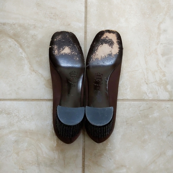 Ernesto Esposito Bicolor Brown Black Cap Toe Satin Jeweled Block Heels 38 7.5 - Picture 6 of 7